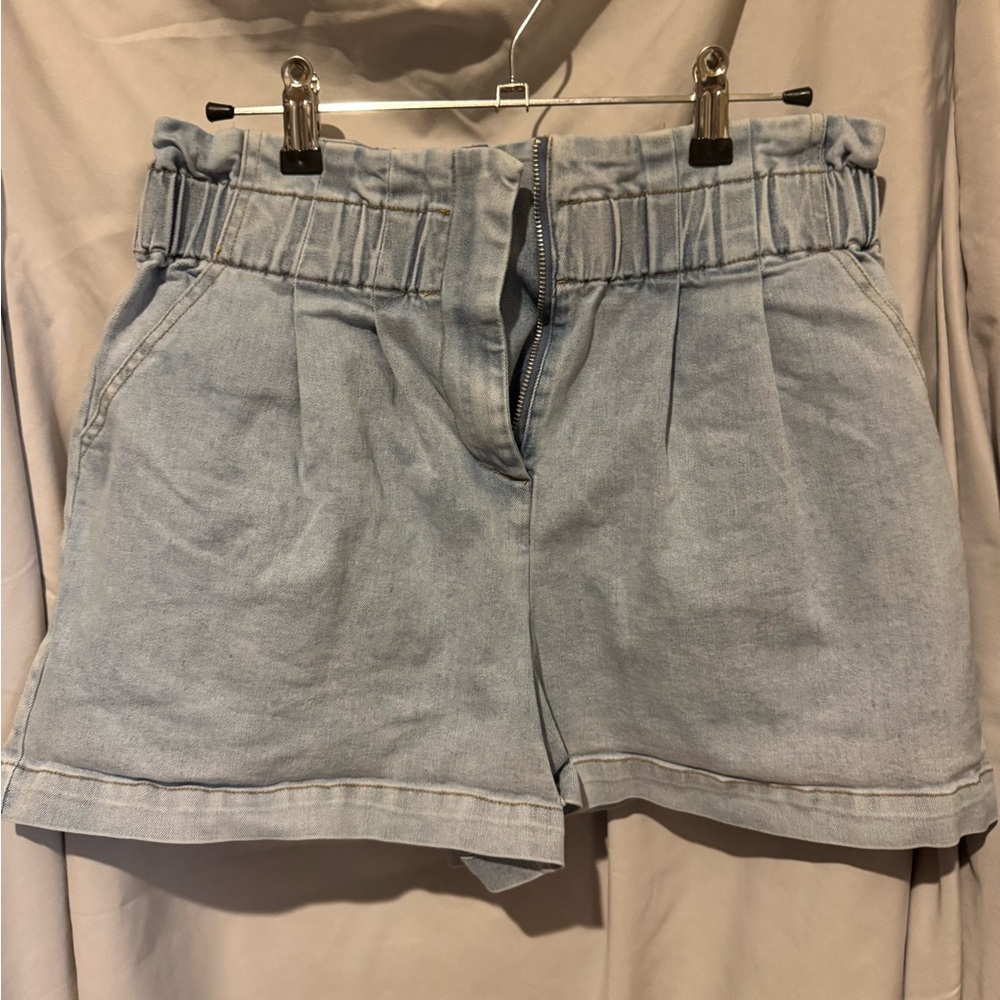 Skies Are Blue Light Wash High-Rise Paperbag Denim Shorts